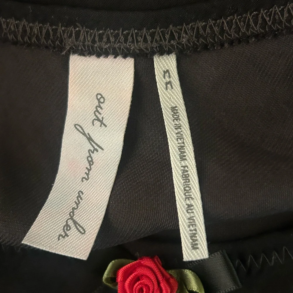 Urban Outfitters Black Mini Slip Skirt with Lace Hem and Red Rose Accent Size M